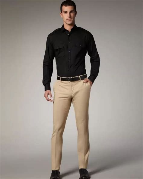 Stylish Combination: Black Shirt, Khaki Pants and Brown Shoes